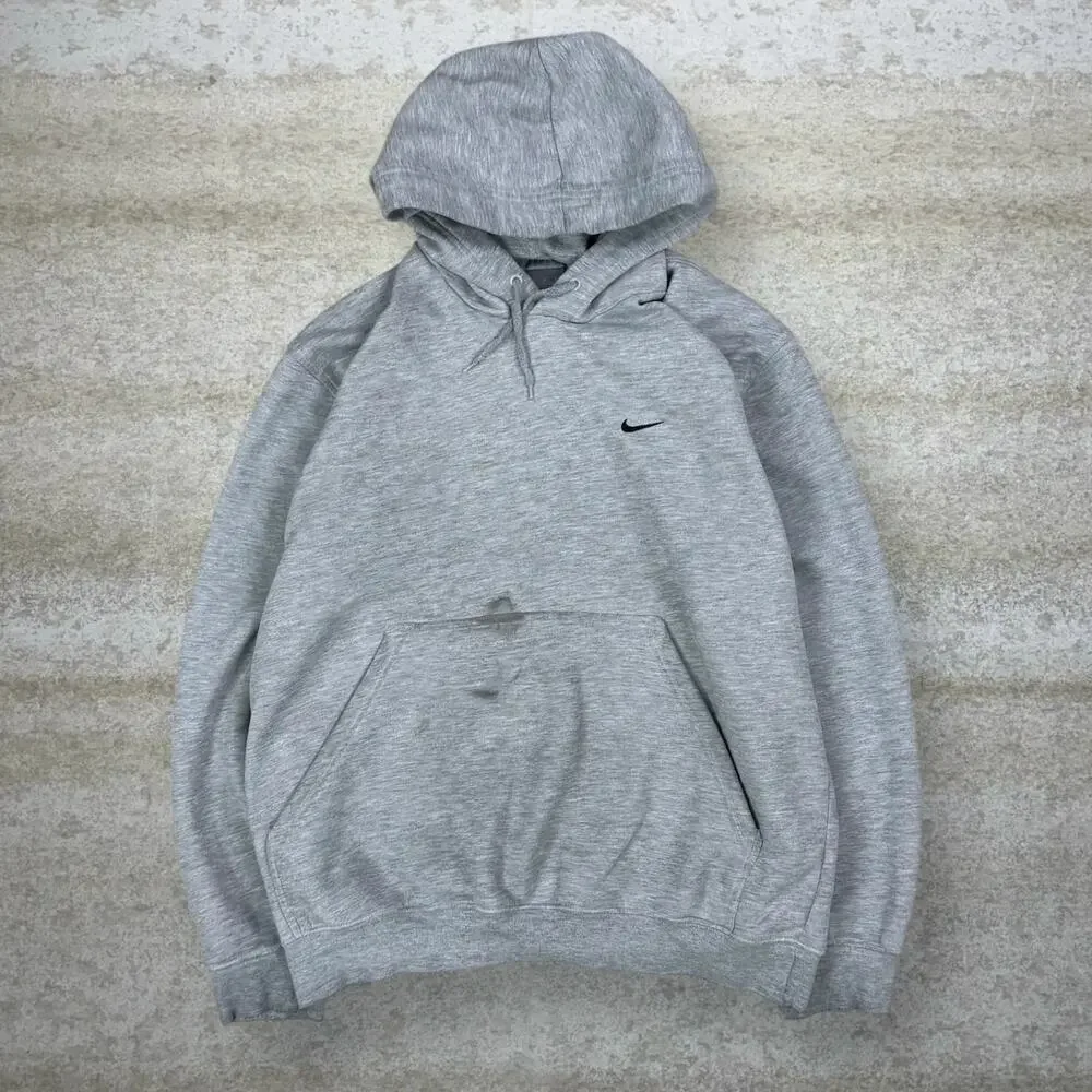 Vintage Y2K Nike Hoodie Mens M Grey Black Swoosh Cotton Pullover